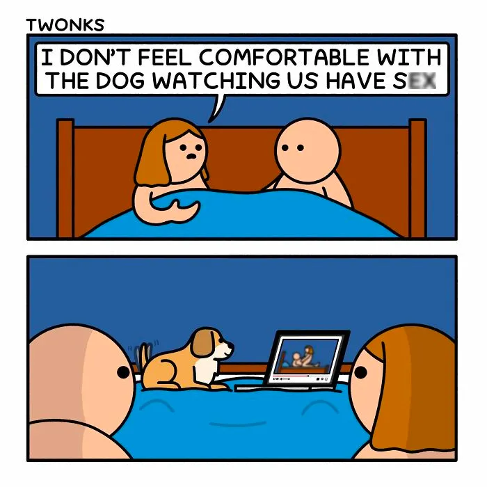 Funny comic by Steve Nelson with a couple in bed and a dog watching on a laptop screen.