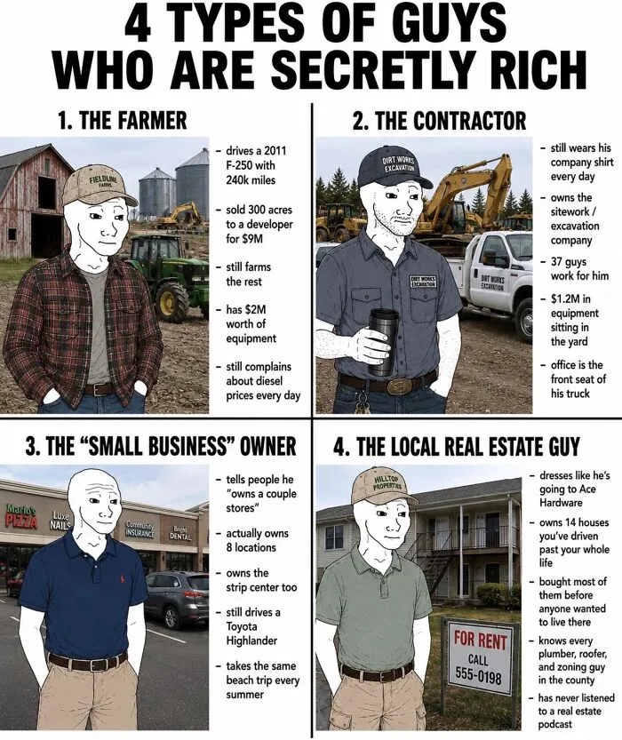 Illustration of four types of secretly rich men in financial dystopia