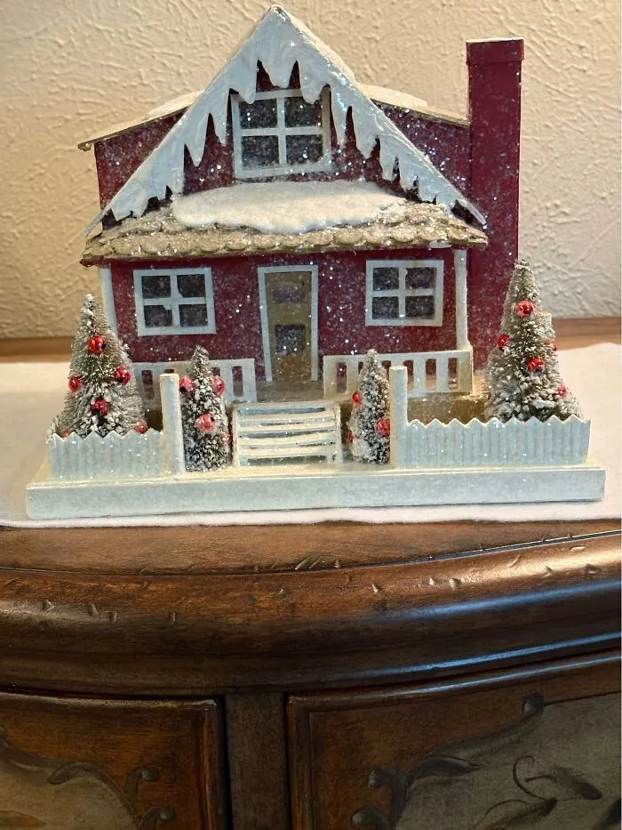 Vintage Christmas village house decoration thrift store find with snowy trees