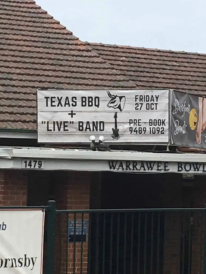 An outdoor event banner showing misused quotation marks around live in Texas BBQ and Live Band.