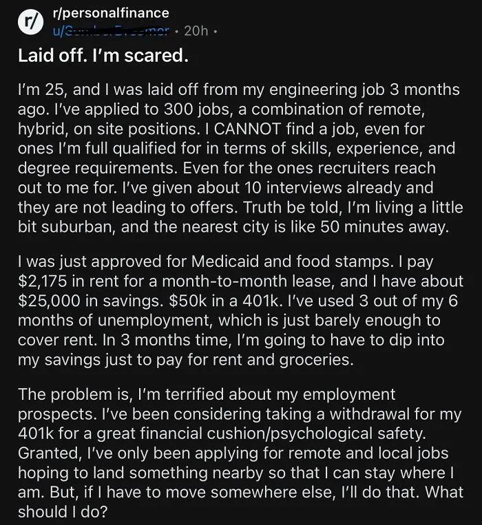 Personal finance post about job loss and financial struggles in financial dystopia
