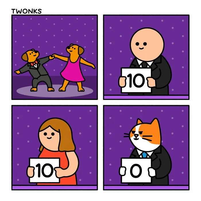 Funny comics about dogs dancing on a stage while judges give them scores.