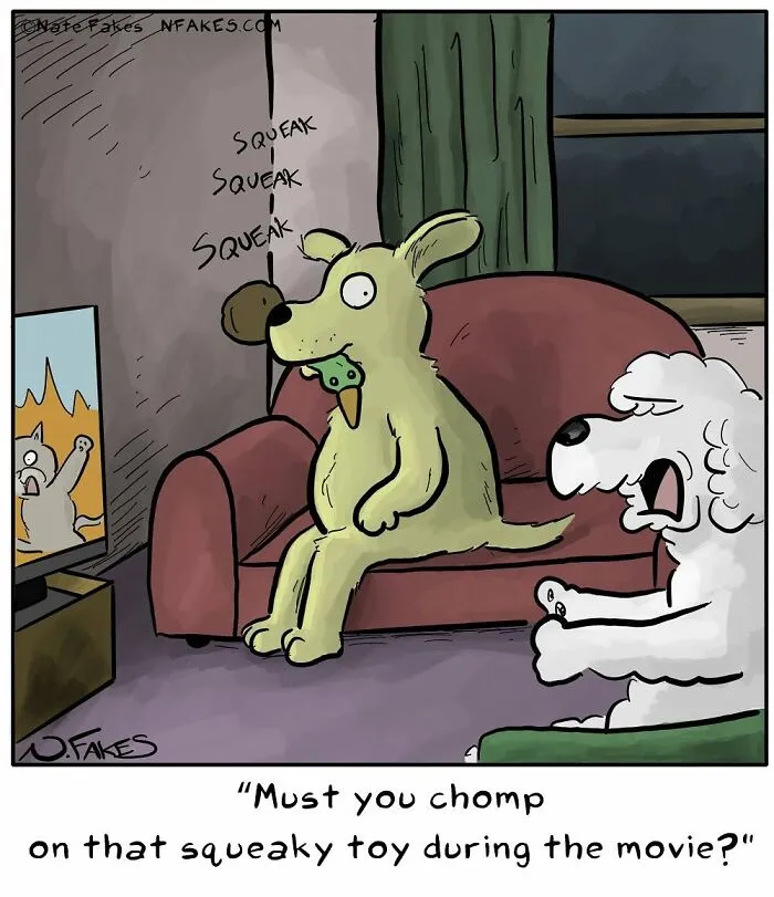 Dog chomps squeaky toy during movie in funny dog comics