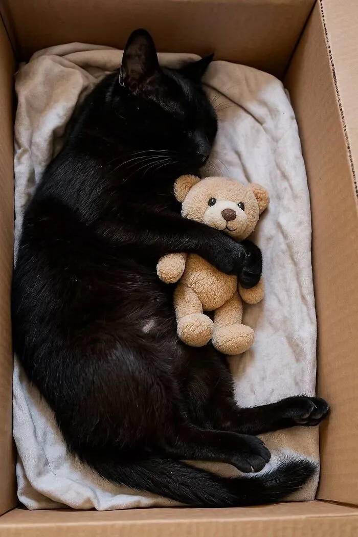 Sleeping black cat hugging a small plush teddy bear inside a box for perfectly timed cat pics.