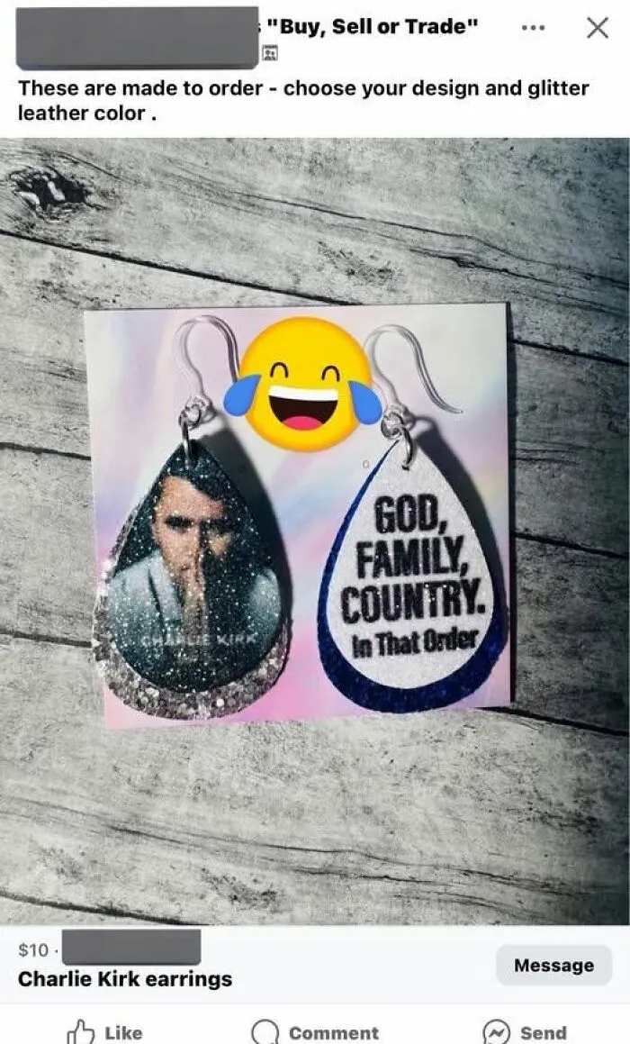 Charlie Kirk earrings featuring a glittery design listed as part of hilarious crafts online