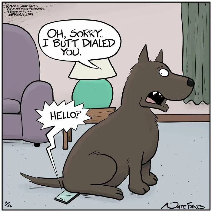 Dog comic showing dog butt dialing on phone in humorous scene