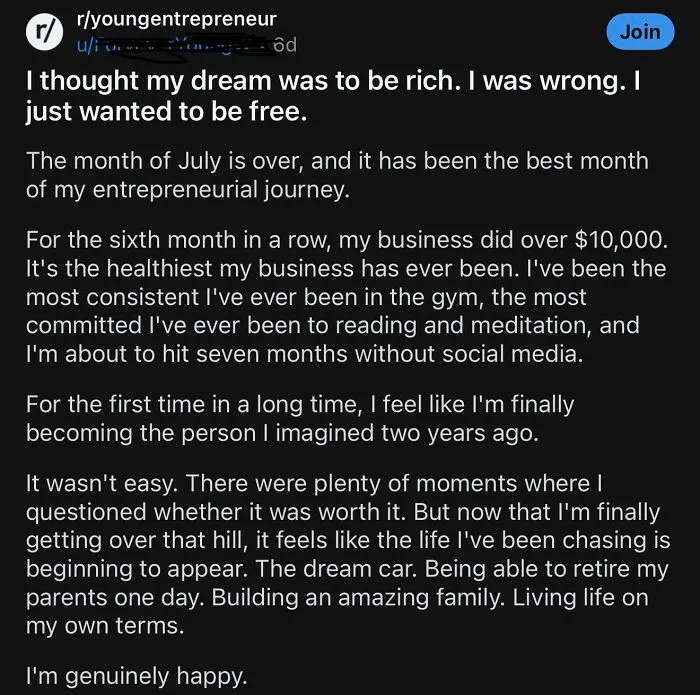 Entrepreneur reflects on freedom and success during financial dystopia journey