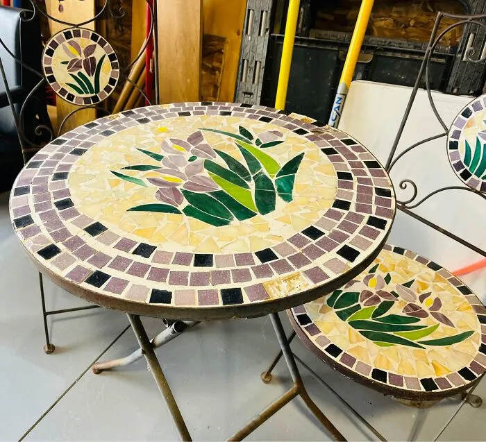 Mosaic flower-themed thrift store patio table and chairs set