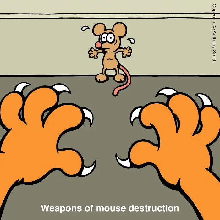 Funny cat comic showing a cat's sharp claws approaching a scared little mouse.