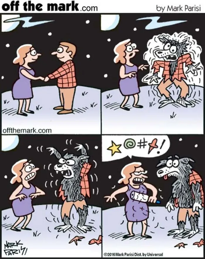 A woman gets annoyed by werewolf fur in a spooky season Halloween comic panel by Mark Parisi