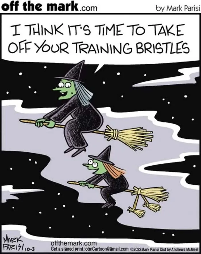 Witches flying on brooms in a Halloween comic by Mark Parisi mentioning training bristles