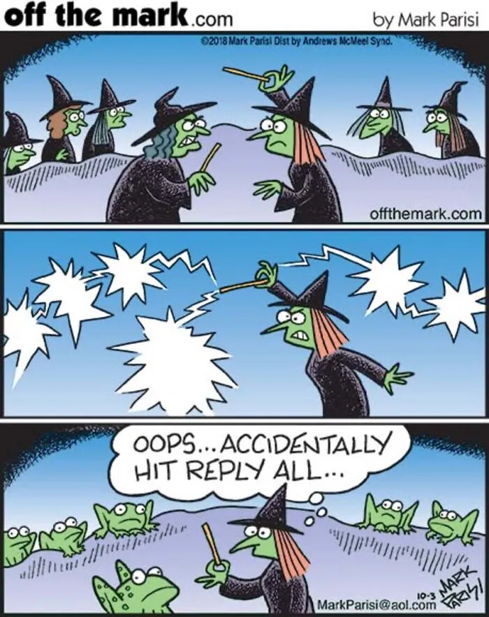 Funny Halloween comics scene where a witch accidentally turns a crowd of witches into frogs with magic