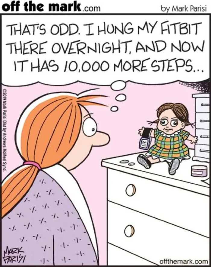 Halloween comics comic strip showing a woman wondering why her haunted doll registered 10000 fitbit steps