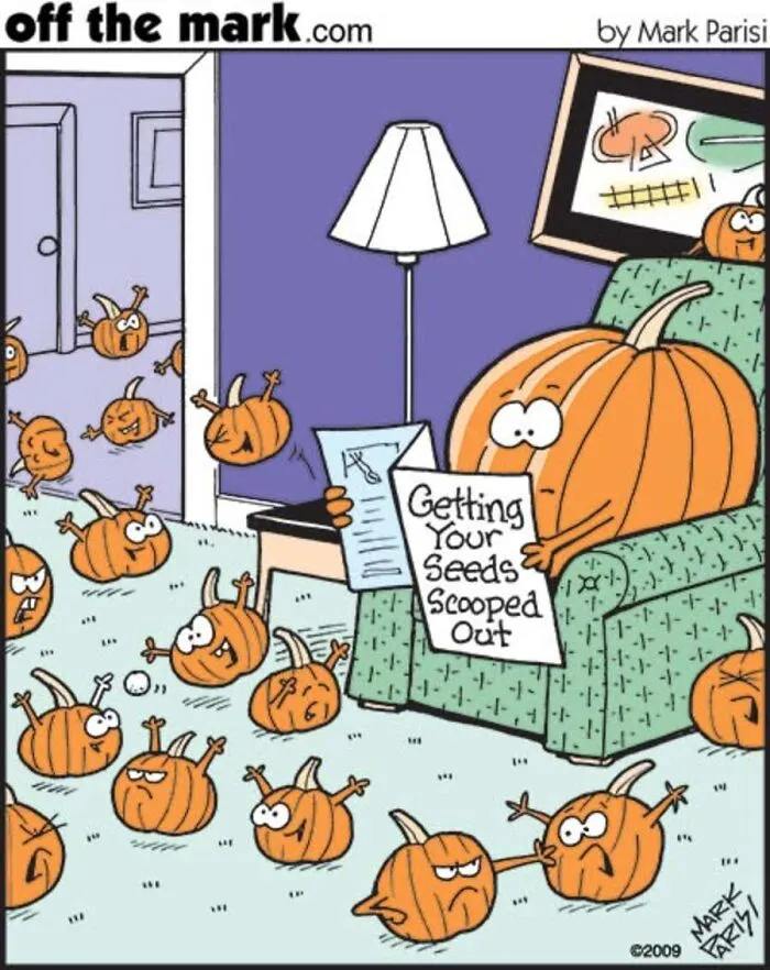 Halloween comics by Mark Parisi featuring a large pumpkin reading a paper amidst tiny pumpkin seed children