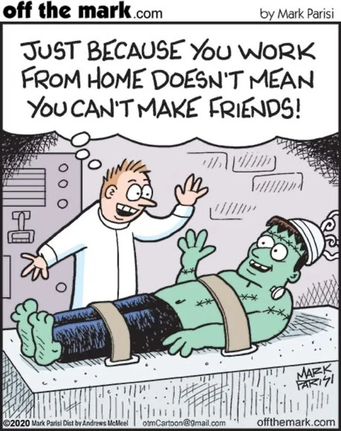 A mad scientist makes Frankenstein for work in a funny Halloween comic by Mark Parisi