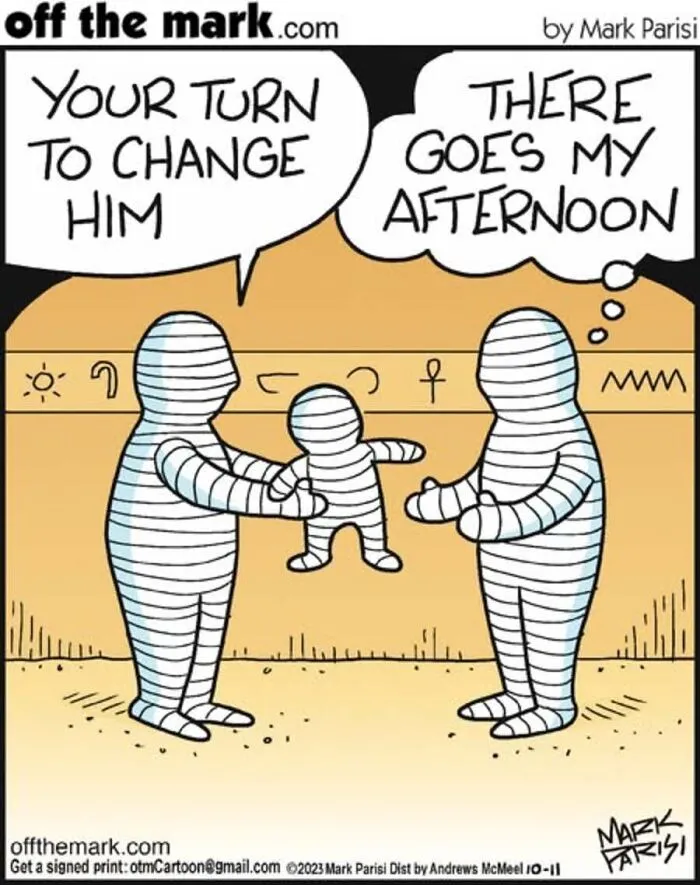 Two mummies struggle with wrapping a baby in a hilarious Halloween comic by Mark Parisi