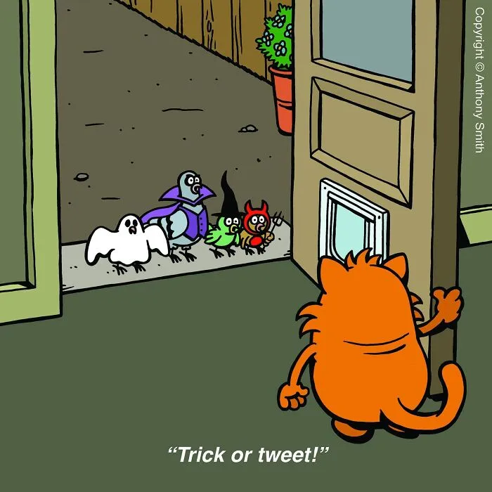 Funny cat comic of an orange cat opening a door to costumed birds trick-or-treating.