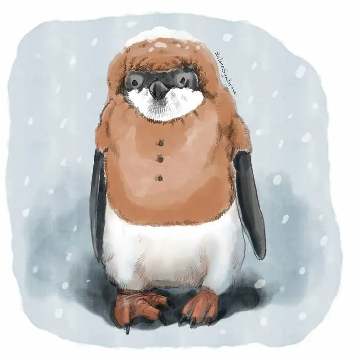 Nelson Syndrome illustration of a cute young penguin wearing a cozy brown sweater in the snow