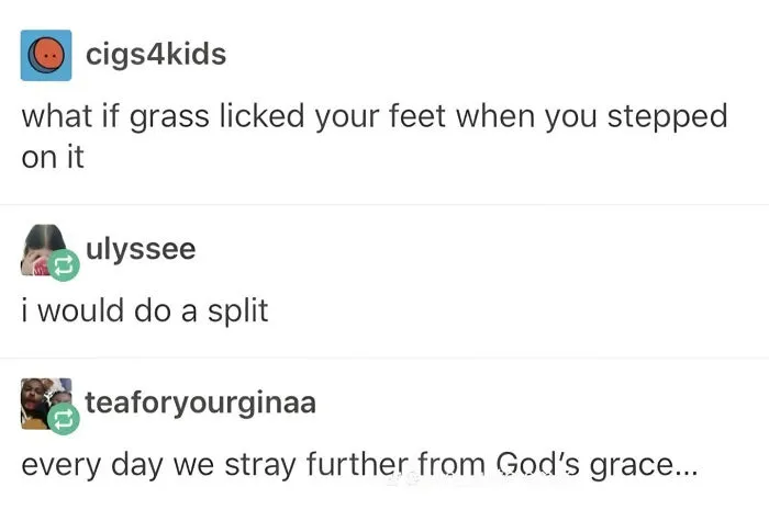 Awkward text screenshots featuring a funny online conversation thread about grass licking feet.