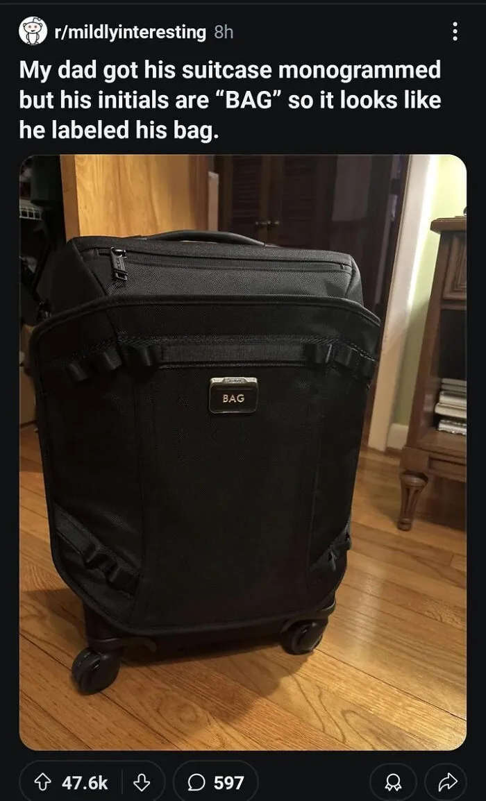 Suitcase monogrammed with initials BAG that looks like it is labeled bag