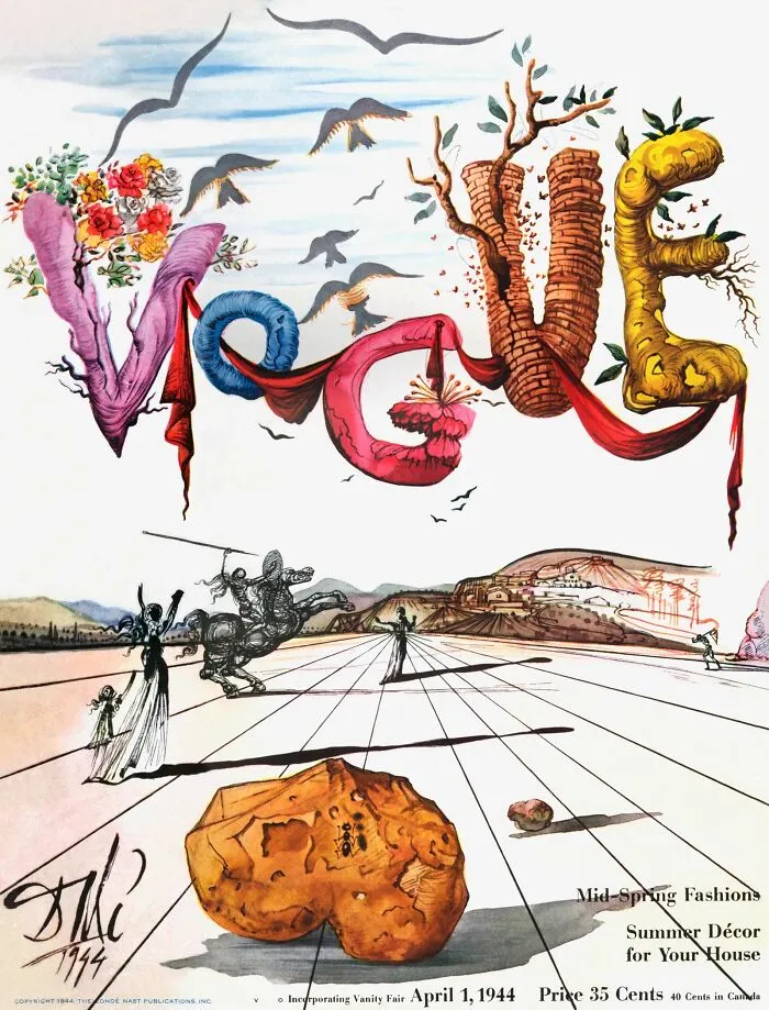 Surrealist vintage Vogue cover illustration by Salvador Dali featuring desert landscape and word typography.