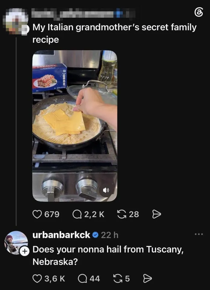Post showing someone putting American cheese on pasta for a secret Italian family recipe, prompting a funny reply.