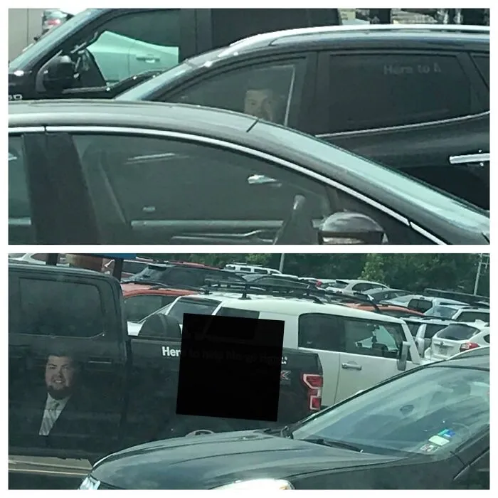 Two views of a man inside a car showing a perfectly confusing optical illusion.