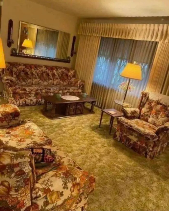 Vintage living room with floral sofas and shag carpet in nostalgic photos from 80s kids childhoods.