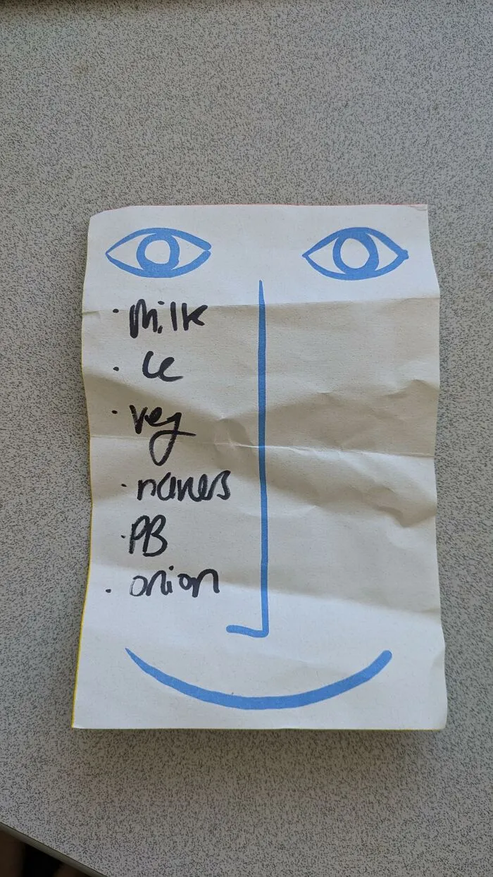 A piece of found paper with a handwritten grocery list drawn as a face with blue eyes and a smile.