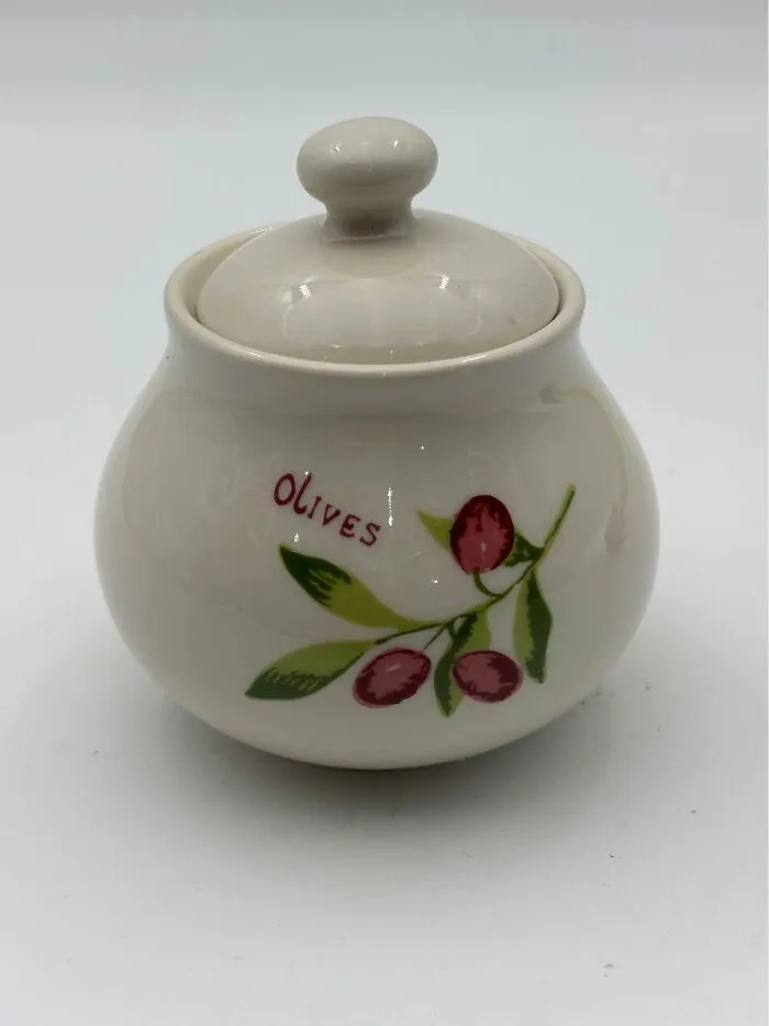 Vintage olive ceramic jar with lid thrift store find