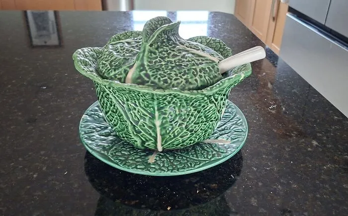 Green cabbage leaf ceramic tureen with lid and spoon, a wonderful thrift find.