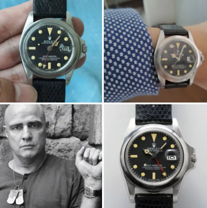 A collage showing Marlon Brando in Apocalypse Now and details of his famous movie props Rolex watch.