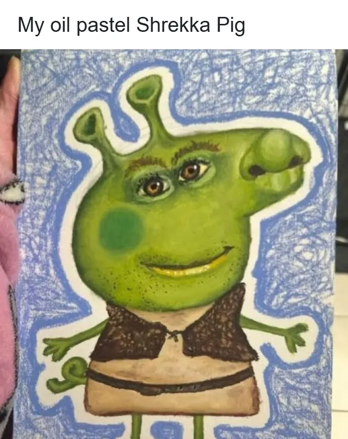 A hilariously bad art project featuring an oil pastel painting of a Peppa Pig and Shrek hybrid.