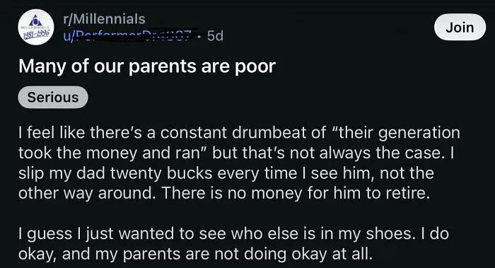 Reddit post discussing many parents being poor and financial struggles