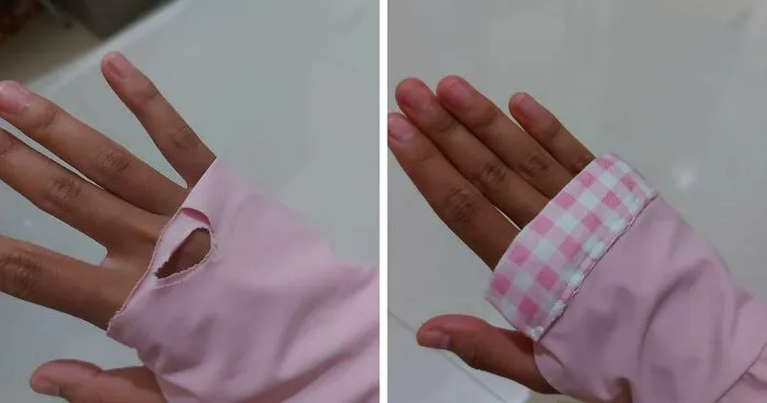 Before and after repair on a pink sleeve cuff using creativity to save money on buying new clothes
