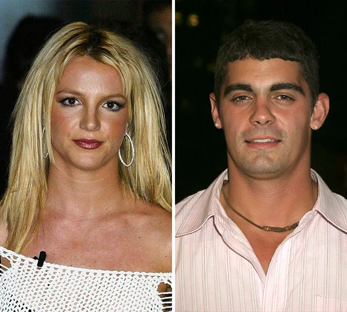Split portraits of Britney Spears and Jason Alexander, famous for one of the short celebrity marriages.