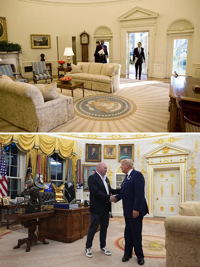 Side-by-side photos of Obama walking into his Oval Office and Trump shaking hands with Dana White in his decorated space