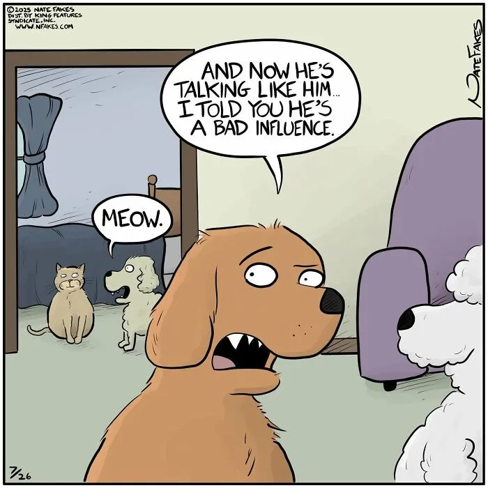 Dog says another dog is a bad influence in dog comics