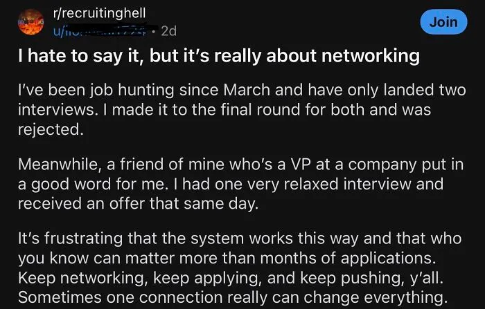 Financial dystopia Reddit post about job hunting and networking importance