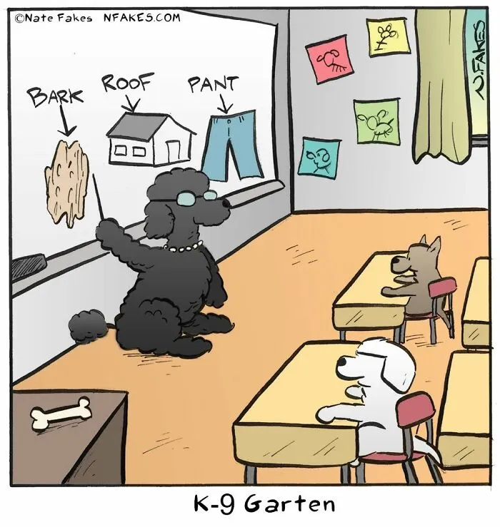 Dog comic teaching K-9 Garten with bark, roof, pant lesson on board