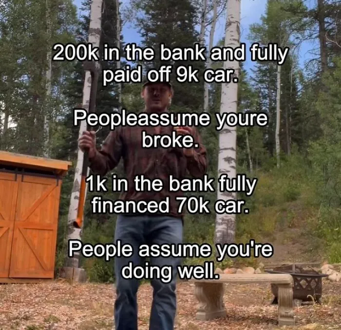Financial dystopia about perceptions of wealth comparing car value and bank savings