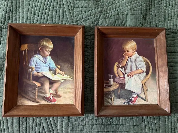 Framed paintings of children sitting on chairs thrift store art find
