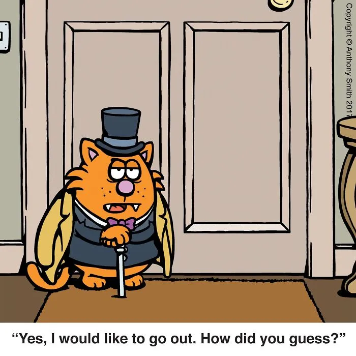 An orange cat dressed fancy by the door in funny cat comics.