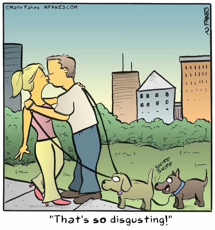 Couple kisses while dogs on leashes sniff each other in funny dog comics by Nate Fakes