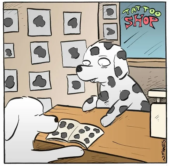 Dog with spots consults tattoo shop clerk in humorous comics about dogs talking