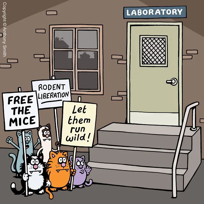 Cats protesting outside a laboratory in funny cat comics artwork.