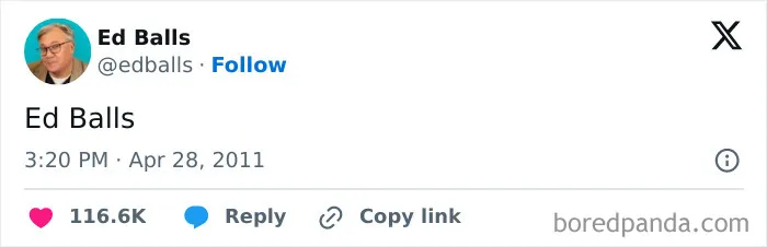 Screenshot of Ed Balls tweeting his own name in a famous celebrity social media fail.