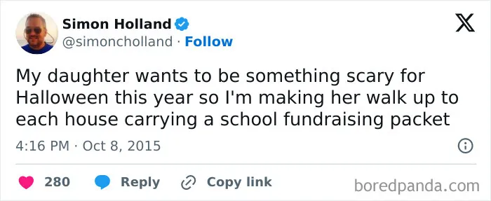 Hilarious social media posts about spooky season, joking about scary fundraising packets.