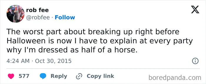Funny social media post about breakups during spooky season and horse costumes.