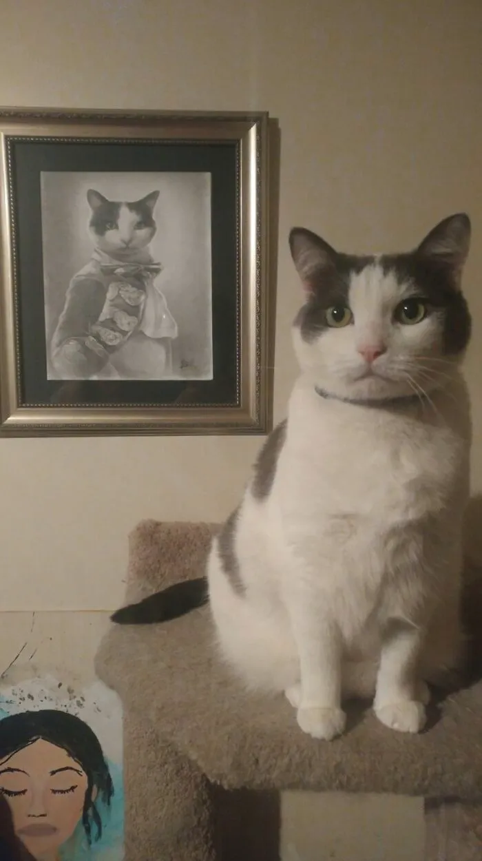 A cat posing next to its framed portrait on a wall.